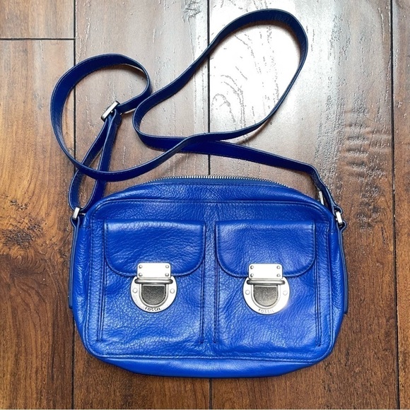 FOSSIL Riley Crossbody Shoulder Bag Purse Vivid Blue Leather 2 Latch Pockets - Picture 2 of 16